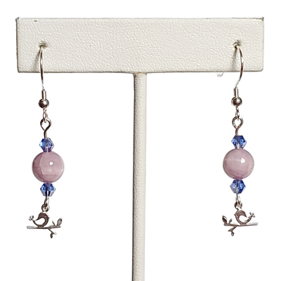 Lavender purple chalcedony and petite bird on a limb earrings with sterling silver hooks