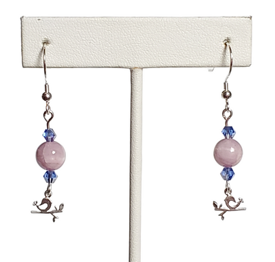 Lavender Purple Chalcedony and Petite Bird on a Limb Earrings with Sterling Silver Hooks
