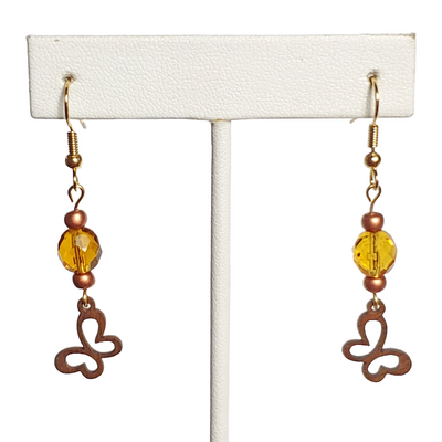 Wood butterfly and amber glass earrings