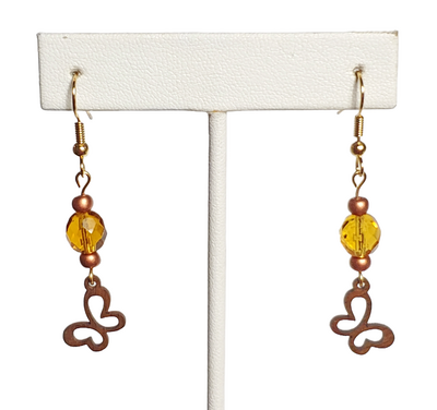 Wood Butterfly and Amber Glass Earrings