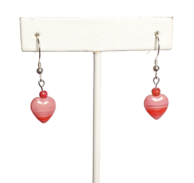Red and Pink Striped Glass Heart Earrings with Sterling Silver Hooks
