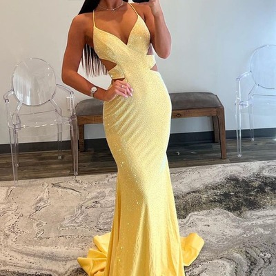 Sparkly v neck yellow satin long mermaid prom dresses with beading ,pd231078