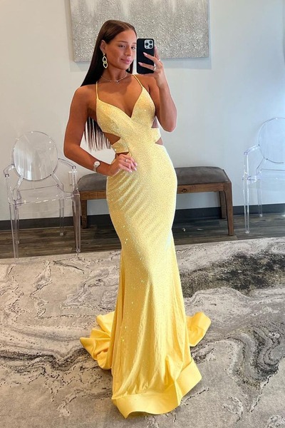 Sparkly V Neck Yellow Satin Long Mermaid Prom Dresses with Beading ,PD231078