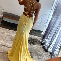 Sparkly V Neck Yellow Satin Long Mermaid Prom Dresses with Beading ,PD231078 - Thumbnail 2