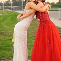 Charming Blush Pink V Neck Sequins Long Mermaid Prom Dresses with Slit ,PD231080 - Thumbnail 1