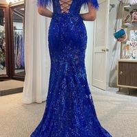 Charming Sparkly Sweetheart Royal Blue Sequins Long Mermaid Prom Dresses with Feather,PD231081 - Thumbnail 1