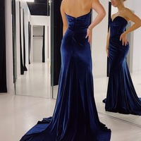 Charming Sweetheart Navy Velvet Long Mermaid Prom Dresses with Slit,PD231082 - Thumbnail 1