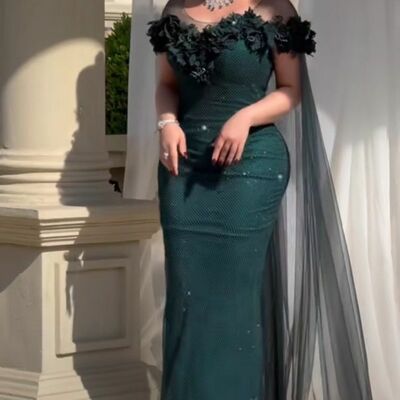 Dark green sheath off the shoulder sequins prom dress floral evening dresses