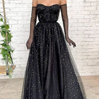 Black a line simple sequins prom dress floral evening dresses
