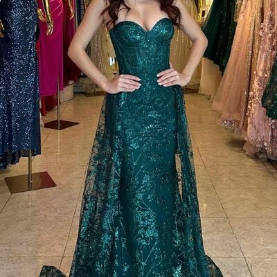 Dark green sheath sequins prom dress floral evening dresses
