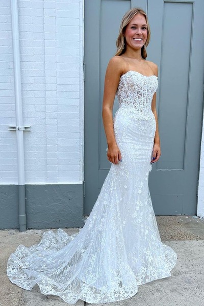 Charming Sparkly Sweetheart White Sequins Long Mermaid Prom Dresses,PD231085
