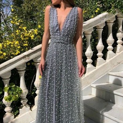 Grey a line sequins prom dress floral evening dresses