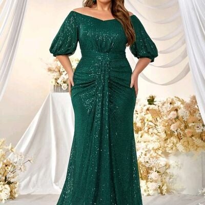Dark green plus size sequins prom dress floral evening dresses