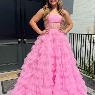 Cute pink ball gown sparkly tulle long prom dresses,pd231087