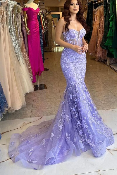 Sparkly Sweetheart Lavender Sparkly Lace Long Mermaid Prom Dresses ,PD231090