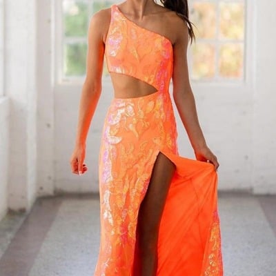 Sparkly one shoulder orange sequins long mermaid prom dresses with lace,pd231092
