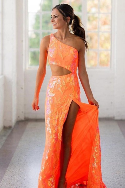 Sparkly One Shoulder Orange Sequins Long Mermaid Prom Dresses with Lace,PD231092