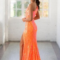 Sparkly One Shoulder Orange Sequins Long Mermaid Prom Dresses with Lace,PD231092 - Thumbnail 1