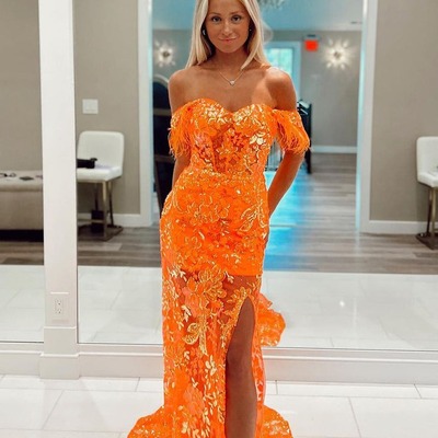 Cute sweetheart orange lace long mermaid prom dresses ,pd231093