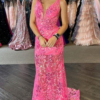 Sparkly v neck pink sequins lace long mermaid prom dresses ,pd231095