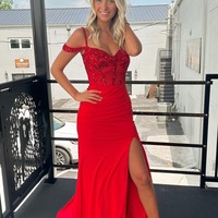 Charming V Neck Red Satin Long Mermaid Prom Dresses with Beaded ,PD231096 - Thumbnail 1
