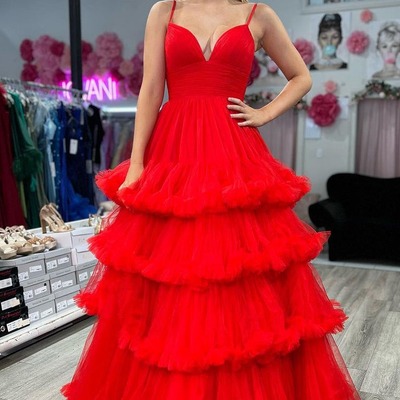 Cute red a line v neck tulle long prom dresses ,pd231097