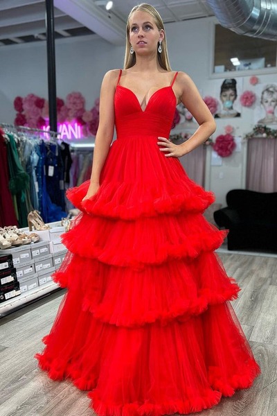 Cute Red A Line V Neck Tulle Long Prom Dresses ,PD231097