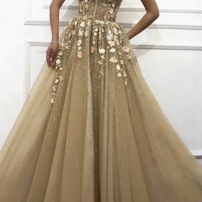 Simple ball gown lace appliques prom dress floral evening dresses