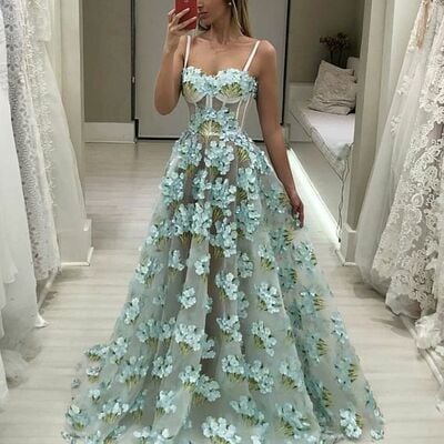 Blue ball gown lace appliques prom dress floral evening dresses