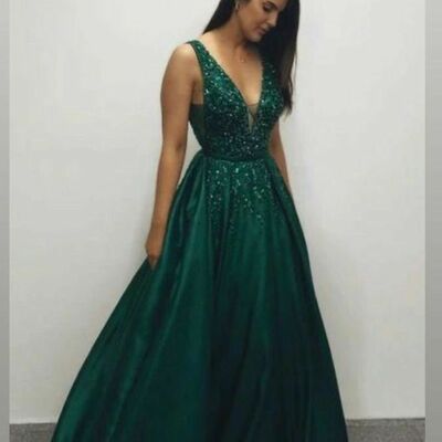 Dark green beading crystals prom dress floral evening dresses
