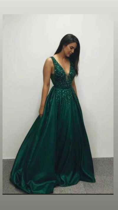 Dark Green Beading Crystals Prom Dress Floral Evening Dresses