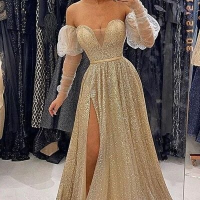 Golden sequins lace prom dress floral evening dresses
