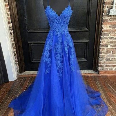 Royal blue lace appliques prom dress floral evening dresses