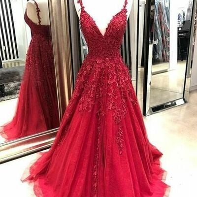Red ball gown lace appliques prom dress floral evening dresses