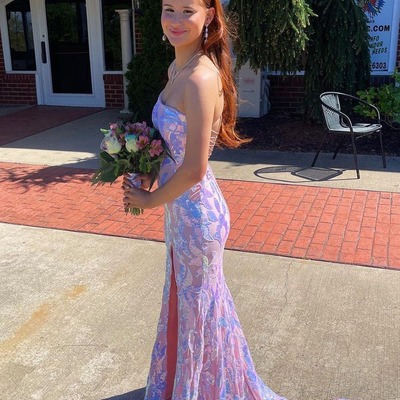 Cute one shoulder lavender sequins lace mermaid prom dresses with slit ,pd231098