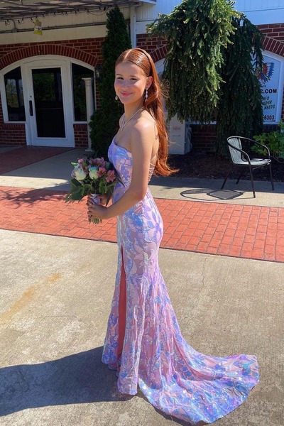 Cute One Shoulder Lavender Sequins Lace Mermaid Prom Dresses with Slit ,PD231098