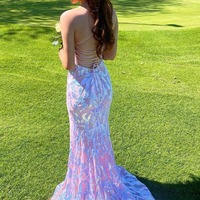 Cute One Shoulder Lavender Sequins Lace Mermaid Prom Dresses with Slit ,PD231098 - Thumbnail 1