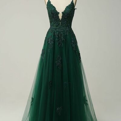 Dark green a line lace appliques prom dress floral evening dresses