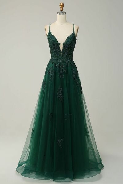 Dark Green A Line Lace Appliques Prom Dress Floral Evening Dresses