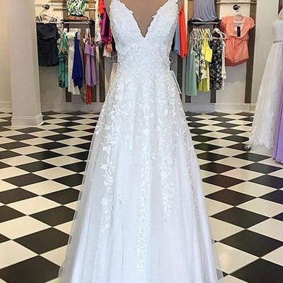 Exquisite a-line v neck tulle long white prom dresses with appliques ,pd231099