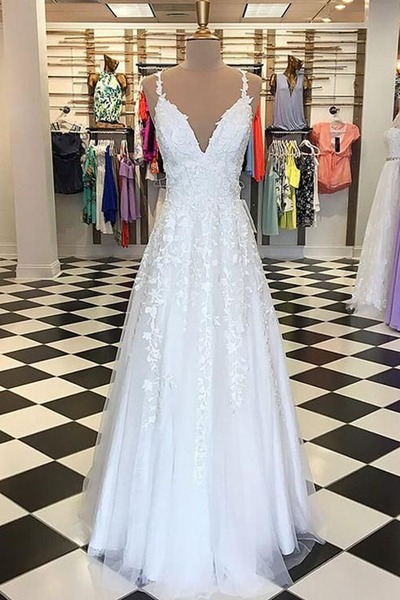 Exquisite A-Line V Neck Tulle Long White Prom Dresses with Appliques ,PD231099