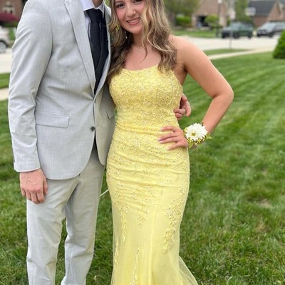Cute scoop neck yellow tulle long mermaid prom dresses with appliques,pd231100