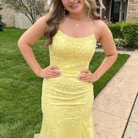Cute Scoop Neck Yellow Tulle Long Mermaid Prom Dresses with Appliques,PD231100 - Thumbnail 2