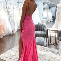 Charming V Neck Pink Satin Long Mermaid Prom Dresses with Beading,PD231101 - Thumbnail 1