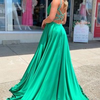 Simple Green A-Line V Neck Satin Long Prom Dresses with Pockets,PD231102 - Thumbnail 1
