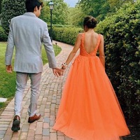 Romantic Orange A-Line V Neck Tulle Long Prom Dresses with Appliques ,PD231103 - Thumbnail 1