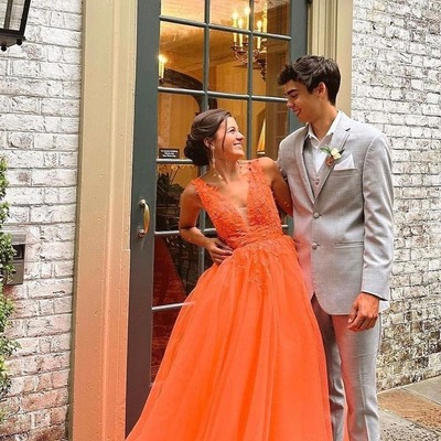Romantic orange a-line v neck tulle long prom dresses with appliques ,pd231103
