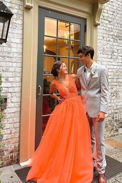 Romantic Orange A-Line V Neck Tulle Long Prom Dresses with Appliques ,PD231103