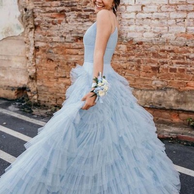 Beautiful sky blue a-line v neck  tulle long prom dresses ,pd231105
