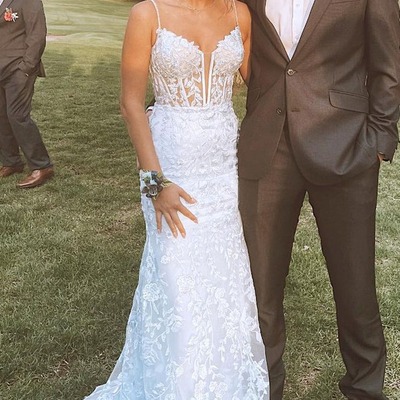 Gorgeous spaghetti straps white lace long mermaid prom dresses ,pd231106